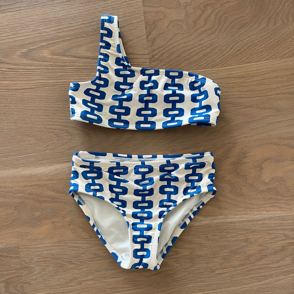 Kids Swimwear One-Shoulder Bikini Set - Blue and Cream